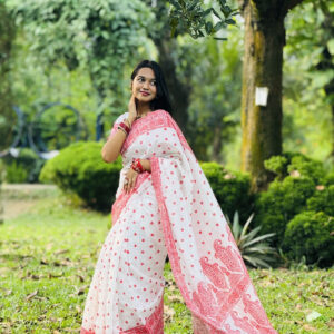 প্রিমিয়াম রেশম সিল্ক সাদা শাড়ি | ব্লাউজ পিস সহ
